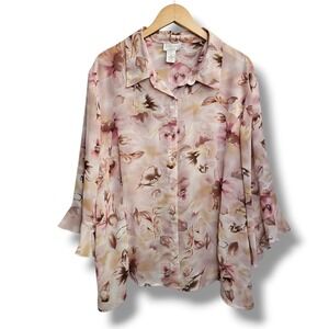 Vintage Y2K Button Up Top 3X Pink Floral Watercolor Ruffle Sleeve Fairy Cottage
